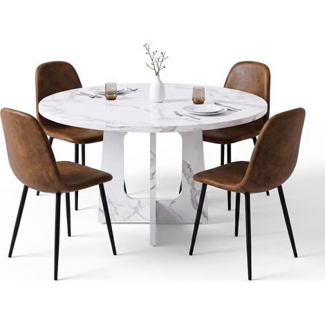 FurnitureR 5-teiliges Essset mit MDF-Rundtisch und 4 Stühlen, 120-cm-MDF-Rundtisch mit weiß-grauem Dekor und 4 braunen Stühlen in Wildlederoptik (1/5)