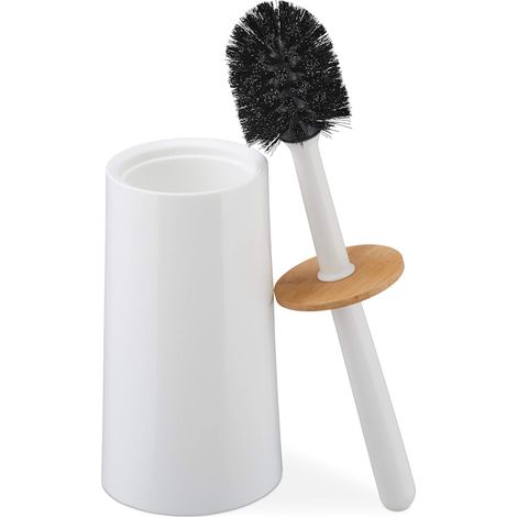 Brosse WC, avec récipient, Plastique et Bambou, Autonome, hygiénique, Balai Toilette avec Couvercle, Blanc (1/5)