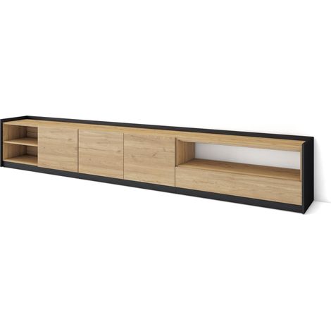 Skraut Home - Meuble TV, Banc Télé, 310x37x50cm, Pour les TV jusqu'à 80", Chêne et noir (1/5)