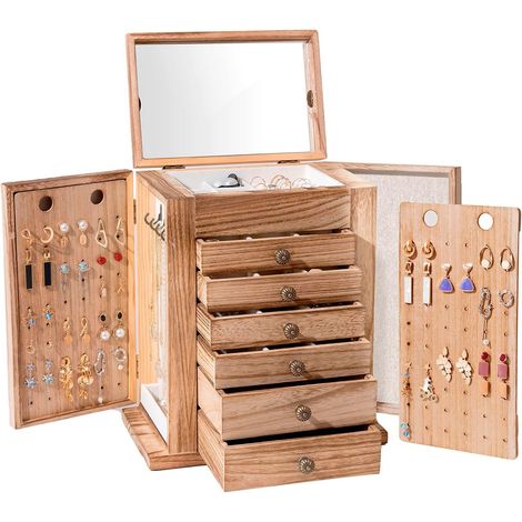 Grande Boîte à Bijoux en Bois 7 Compartiments, Rangement Bijoux avec Miroir, Coffret Bijoux pour Boucle d’Oreille Collier Bague -Naturel (1/5)