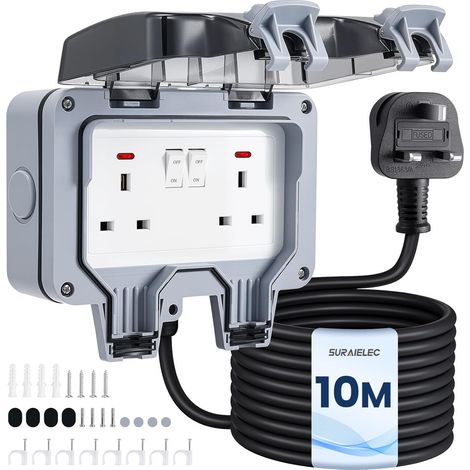 Double Outdoor Socket with 10m Extension Lead, 13Amp 2 Gang Premium Weatherproof IP66 Outside Plug Sockets, Independent Switches & LED Indicator, Wall Electrical Outlet Cover Box for Garden (1/5)