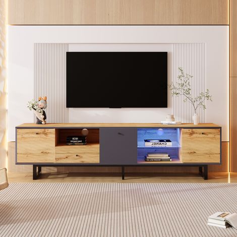 Panneau bas, armoire TV de salon avec effet de lumière LED, cloison en verre, charnières tampons, design de couleur