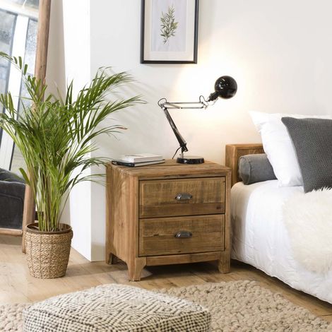 SANDY - Table de chevet 2 tiroirs marron bois pin recyclé (1/5)
