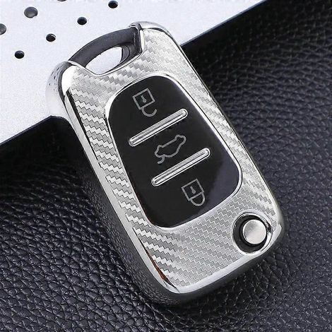 Autoschlüsselhülle aus TPU mit Carbonmuster für Hyundai i30 i40 IX25 Creta IX35 HB20 Solaris Elantra Accent und Kia K2 K5 Rio Sportage – Silber