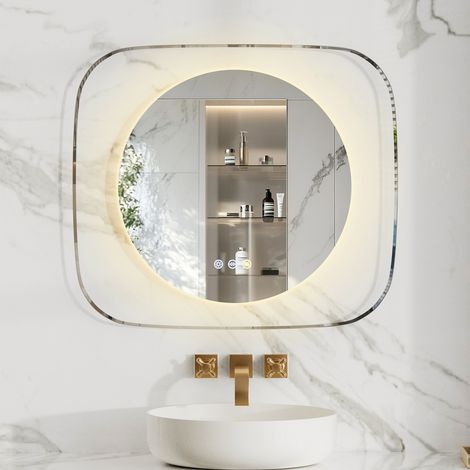 Miroir Mural de Salle de Bain Intelligent Design Moderne - Cadre en Verre Rectangulaire et Miroir Rond - Lumière Réglable et Antibuée - 80×70cm
