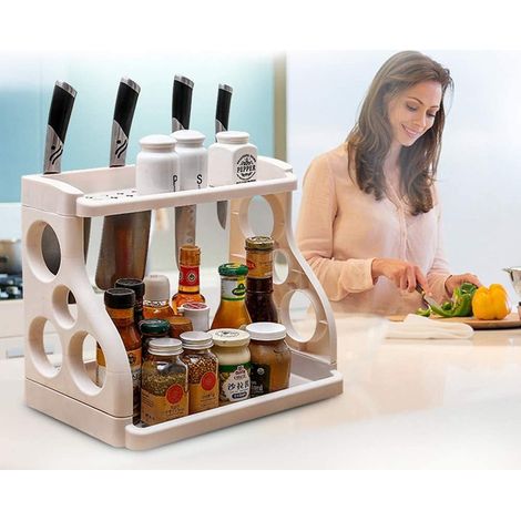 Porte-épices à 2 niveaux,support à épices peu encombrant pour organiser la cuisine,étagère de cuisine pratique à épices pour bocaux à épices,bouteilles et canettes,plan de travail en plastique BPA (1/3)