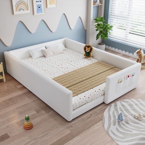 Lit 140x200cm - Lit Enfant Rembourré 140x200 - 3 Poches de Rangement - Cadre Sécurisé Anti-Chute - en PU Blanc (1/5)