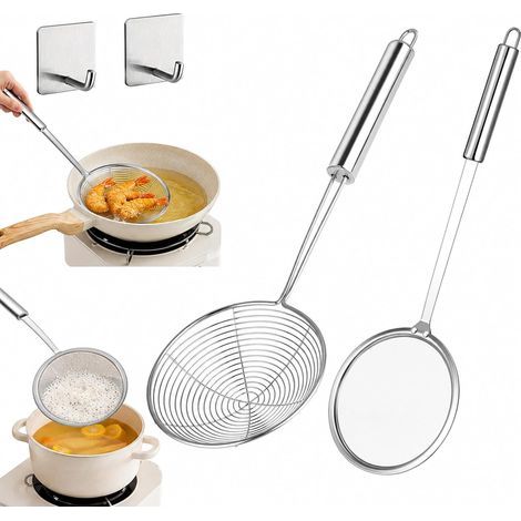 Écumoire de cuisine suspendue en acier inoxydable (2 pièces) avec 2 crochets et cuillère-passoire à long manche, idéale pour la cuisson au four, la friture et les résidus d'huile. (1/5)