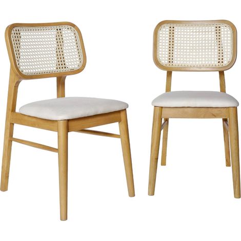 sweeek - 2er-Set Stühle aus Hevea-Holz, Rattan-Geflecht und Stoff Eichenfarben / Beige (1/5)