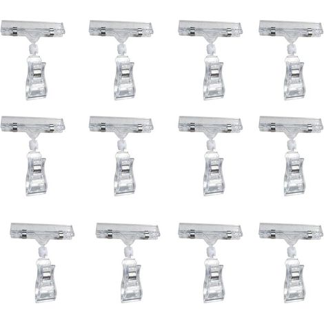 Ahlsen Warenschild-Clips aus Kunststoff, transparente Schilder-Clips, Etikettenhalter, Preisschild-Klemme, drehbarer Halter, Ausstellungsständer, 12-teilige Clips für Supermärkte, Geschäfte, Einkaufsz (1/5)