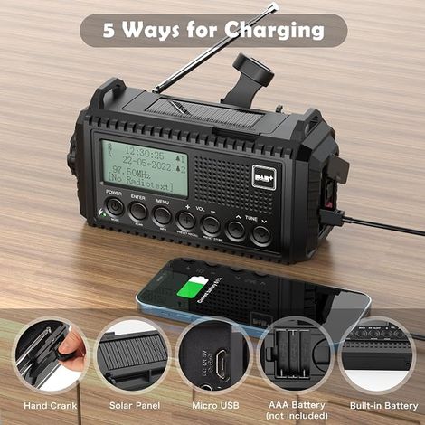 Radio Dab/FM Portable, Dynamo, Manivelle, Survie Dab de Chargeur USB avec Alarme SOS, Réveil, Lampe de Poche et Lampe de Lecture (1/2)