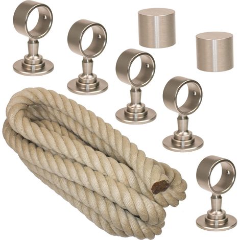 Corde de main courante 30 mm Composé de 2 embouts, 5 supports de câble nickelés et d'une corde de main courante de 5 m, couleur naturelle (1/5)