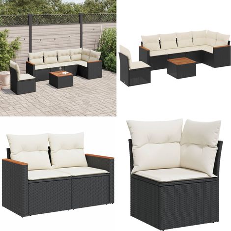 7-tlg. Garten-Sofagarnitur mit Kissen Schwarz Poly Rattan - Gartenmöbel Set - Outdoor Lounge - Rattan Gartenmöbel - Esstisch Set - Balkonmöbel - Home & Living (1/5)