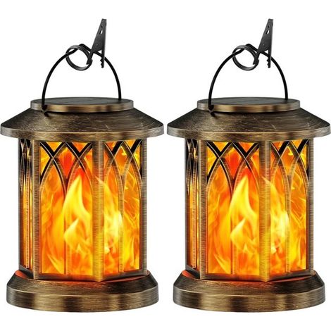 Longziming - Éclairage solaire de jardin - Lot de 2 lampes solaires de jardin avec effet flamme dansante - Étanche (IP65) - Rechargeable à l'énergie solaire - Sans fil pour l'extérieur, balcon et déco (1/5)