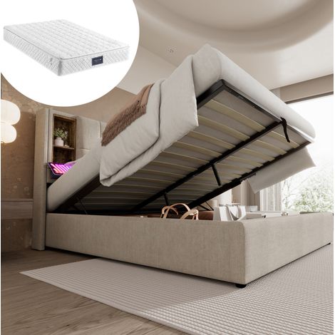 Letto matrimoniale imbottito 160x200 cm con materasso, testiera con ricarica wireless, USB-C, vano contenitore e rete a doghe (1/5)