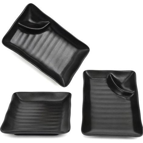 Japanische Teigtaschenteller 3er-Set mit Soßenfach rechteckige Servierschalen aus schwarzem Melamin 19 x 11 5 cm für Sushi-Rollen Vorspeisen für (1/5)