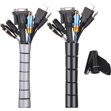 Noir et Gris, Cache Cable 2 Pack, Flexible Range 2x3M PE Câble Rangement Organisateur de Câble pour Ranger ou Cacher les câbles, Gaine pour câbles (2 (1/5)