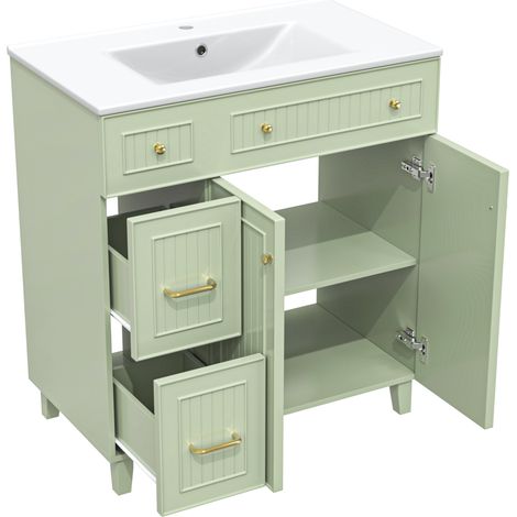 Meuble vasque de salle de bain avec plan vasque en céramique 81,7 cm, rangement multifonctionnel, pieds en bois massif de pin, finition laquée verte (1/5)