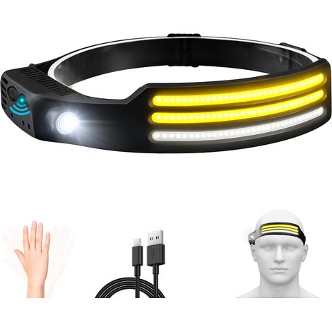 Lampe frontale BeFit24 LED rechargeable Ultra-léger 98 g COB grand angle 230° XPE Spot Charge rapide USB-C Détecteur de mouvement capteur de gestes Lampe de tête étanche et résistante aux [Classe (1/5)