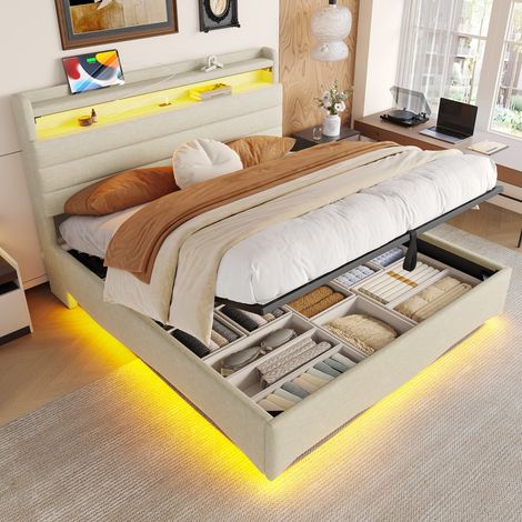 Lit Coffre 140x200cm - Lit Double 140x200 Rembourré en Lin avec Éclairage LED APP, Rangement et Prises USB/Type-C – Beige (1/5)