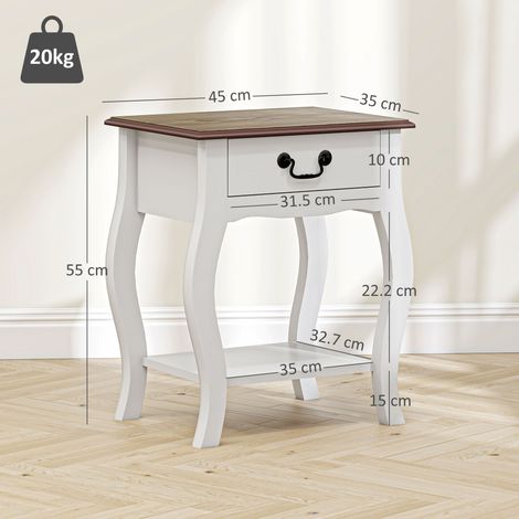 Table de chevet en bois de style français (avec tiroir et étagère ouverte), 45x35x55cm, blanc et chêne. (1/5)