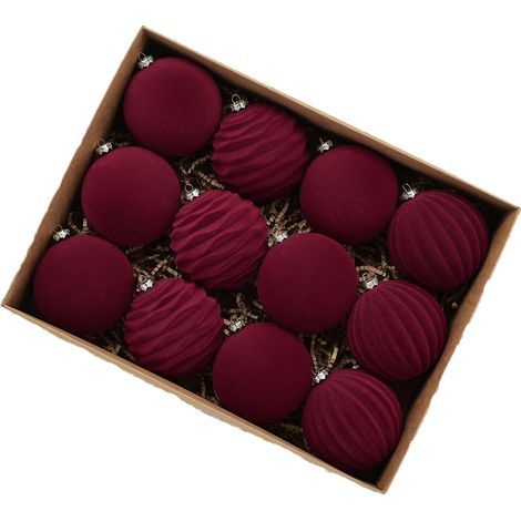 Exquisite Retro-Weihnachtskugeln aus bordeauxrotem Samt, 12 Stück, 8 cm (1/5)