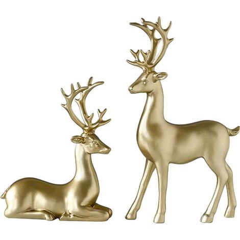 Set di 2 sculture di renne in resina, statue di renne, ornamenti di renne per la decorazione di casa o ufficio, colore oro.