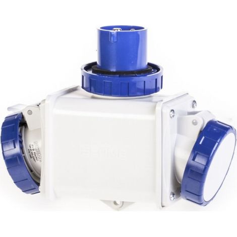 Adaptateur entrée fiche 2P+T 16A 230V mâle / sortie 2 prises femelles clapet bleu derivation étanche IP66