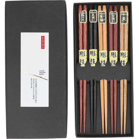 Set mit 5 Paar Essstäbchen aus Naturholz, rutschfest, komfortabel und wiederverwendbar mit spitzen Enden (1/5)