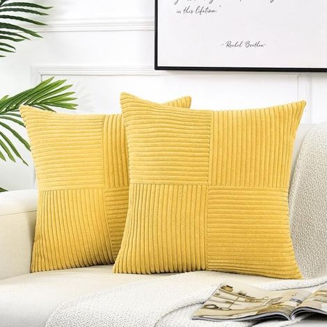 Taies d'oreiller en velours côtelé - lot de 2, style bohème - pour salon, chambre, canapé, lit, 45×45cm, jaune (1/5)