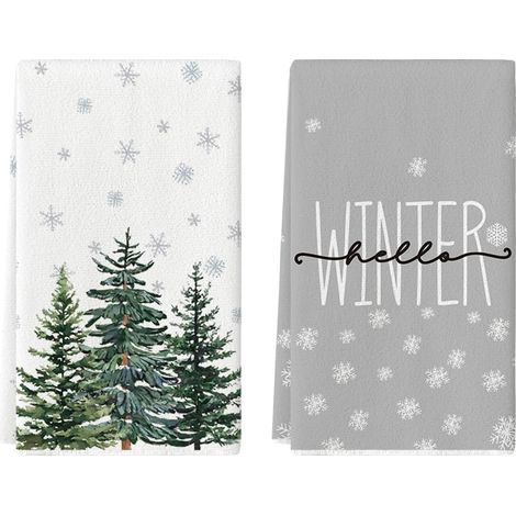 Lot de 2 torchons de cuisine, en polyester, motif pin, arbres, flocons de neige, 42 x 65 cm, saisonniers (1/5)