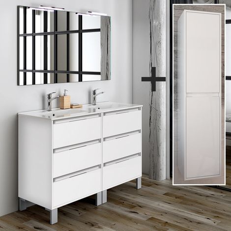 Ensemble meuble de salle de bain 120cm double vasque + colonne de rangement - blanc - IRIS (1/5)