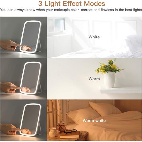 Miroir de maquillage LED tactile de bureau avec grossissement 10x, miroir rond rechargeable USB, miroir de coiffeuse portable pour salle de bain, 3 couleurs d'éclairage, pliable et rotatif (1/5)
