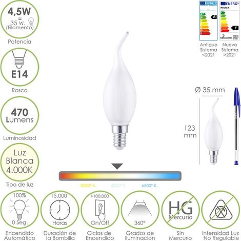 Bombilla Led Filamento Vela Llama Esmerilada E14. 4,5 Watt. Equivale A 35 Watt. 470 Lumenes. Luz Neutra 4000º K.