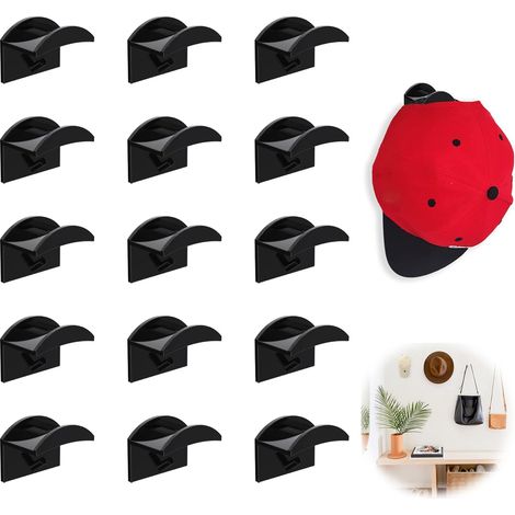 Crochet Adhésif - Porte-Chapeau Mural - Pour Chapeaux et Casquettes - Fixation Sans Perçage sur Surface Lisse - Noir - 15 Pièces (1/5)