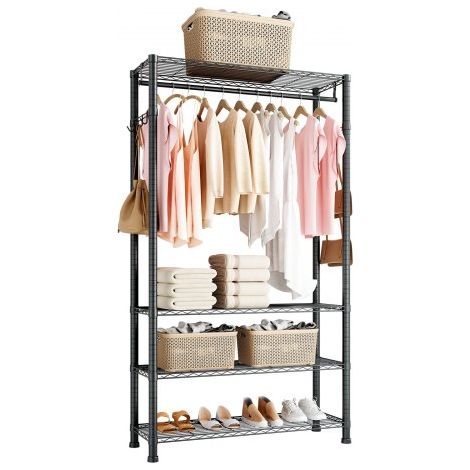 Kleiderständer Garderobenständer (höhenverstellbar) aus Karbonstahl mit 1 Kleiderstange & 227 kg Tragkraft & 4 Regalen & 8 Haken, für Schlafzimmer Bekleidungsgeschäft Garderobe Flur (1/5)