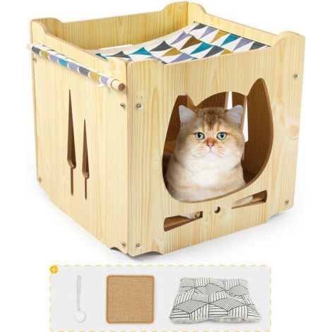 QORVA-Maison pour Chat en Bois avec Hamac Niche pour Chat Chat Tapis Griffoir et coussin amovibles et balle à suspendre, bois naturel, 38x38x38cm - Bois naturel (1/5)
