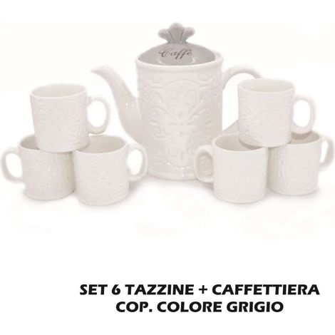 Set 7 Pezzi Caffè The Tè Tazze e Caffettiera in Ceramica Decoro Grigio