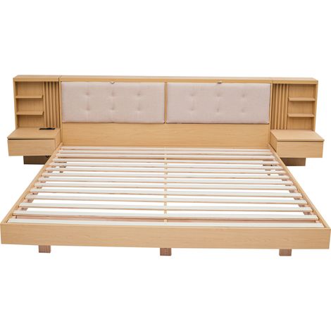 CHICFURN Estructura de cama doble 180x200 cm de madera natural con cabecero con almacenamiento y USB (1/5)