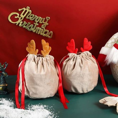 10 sacs cadeaux de Noël en velours, sacs cadeaux en forme de bois de cerf, sacs de décoration de Noël, sacs d'emballage à cordon (1/4)
