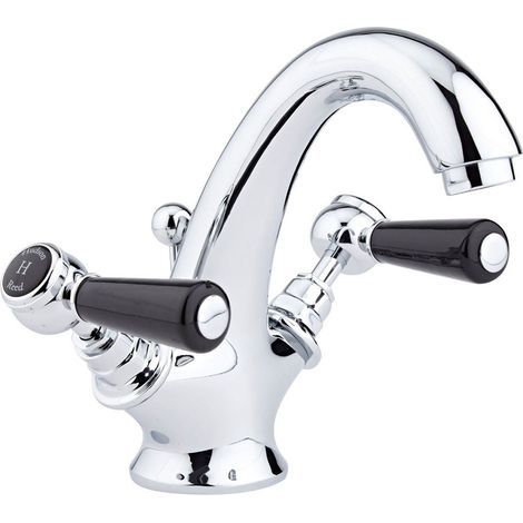 Hudson Reed Topaz Black Lever Mono Basin Mixer Tap Hexagonal Collar with Waste - Chrome (1/2)