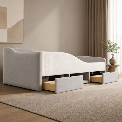 Lit enfant 90x190 avec 2 tiroirs, barrières de sécurité et rangement ouvert, velours gris HAVRYA (1/5)