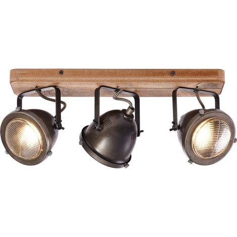 Lampe spot d'intérieur 3 flammes en bois et acier brûlé – Têtes pivotantes – Compatible avec lampes à réflecteur – Échelle énergétique A++ à E – Brilliant (1/5)