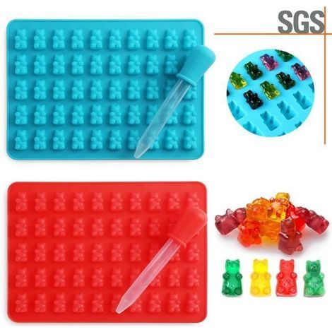 2x 50-fach Fruchtbonbonform, Schokoladenbonbonform für Bärenkuchen, Silikonform, Rot+Blau (1/4)