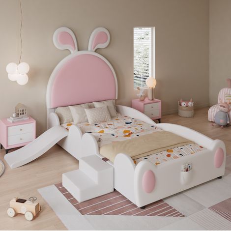Letto per bambini 90x200 cm, con scaletta e scivolo, Design giocoso, Lame in legno, Portata 150kg, Rosa(Senza materasso)