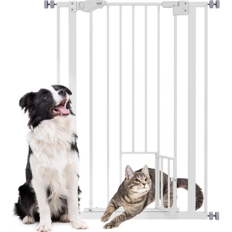 Cancellino per Cani Regolabile Alto con Porta Piccola e Chiusura Automatica, 74-80x104cm, Bianco (1/5)