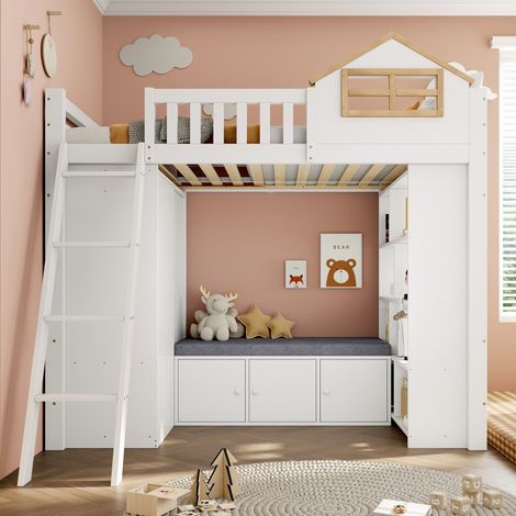 Hochbett 90/200 cm in Weiß und Natur mit Kleiderschrank, Regalen und Stauraumbank (1/5)