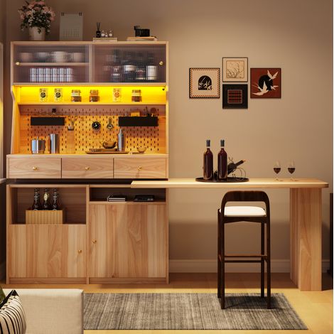 Armadio alto 137×74×177,7 cm con scrivania integrata, LED smart e ante in vetro, colore naturale (1/5)