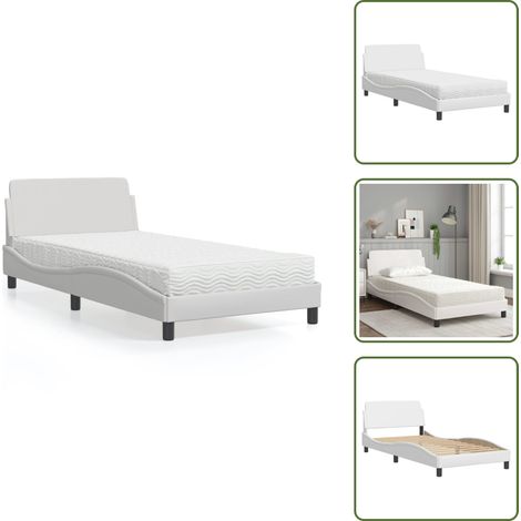 The Living Store Lit avec matelas blanc 100x200 cm similicuir - Lit Double - Lit Plateforme - Lit Design - Lit Moderne - Literie (1/5)
