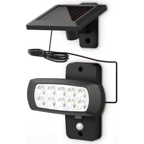 Lampe solaire LED extérieur IP44, détecteur de mouvements PIR, projecteur mural maison terrasse balcon noir, protégé contre des éclaboussures, lumière blanche froide 6500K (1/5)